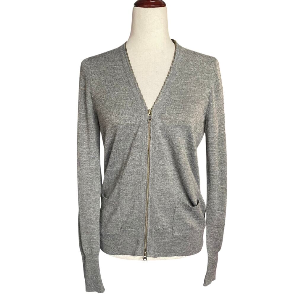 J Crew Full Neckline Zip Wool Blend Cardigan Womens M Grey Patch Pockets V Neck